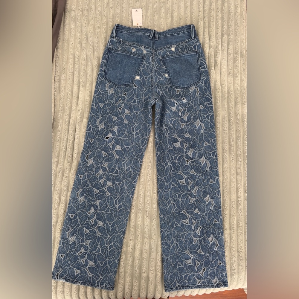 Good American Blue Boyfriend Jeans with White Leaf Pattern